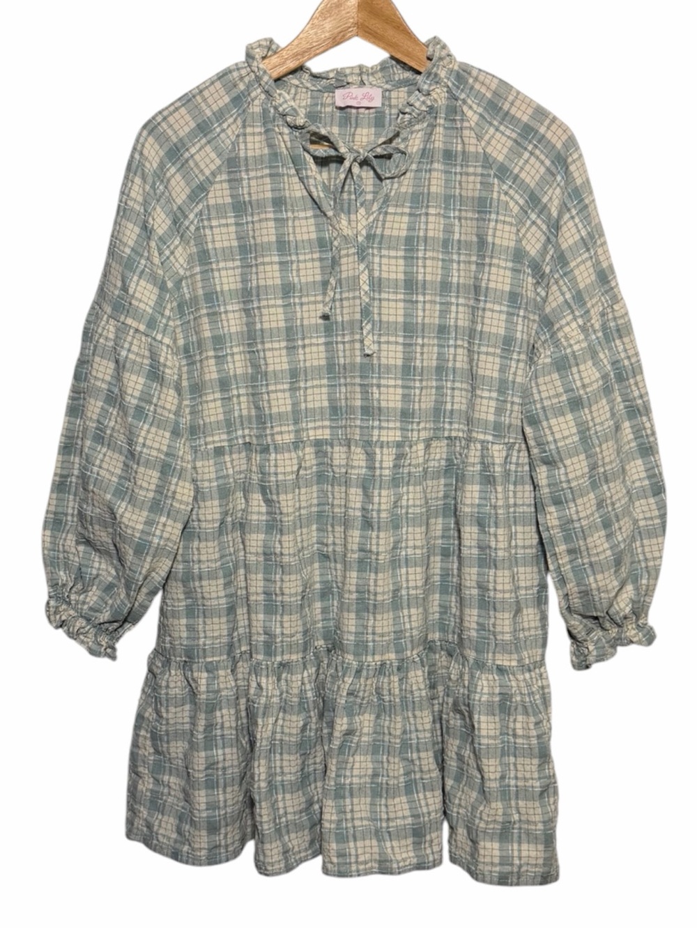 Pink Lily Blue Green Cotton Plaid Tiered Split V Tie Neck Long Slv Dress Sz S